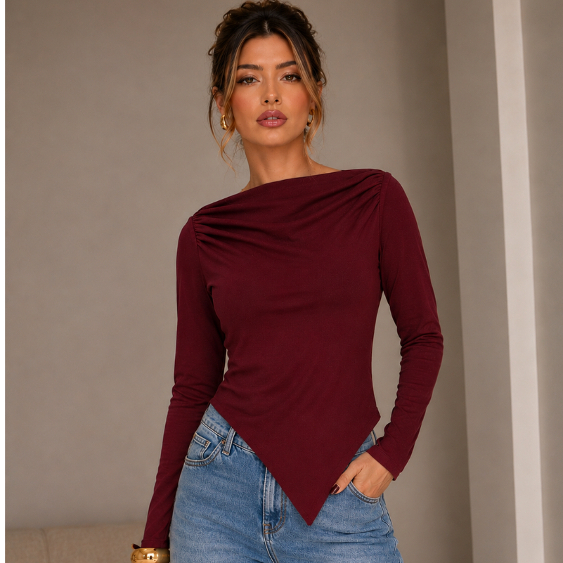Blusa Manga Longa Drapeada nos Ombros Assimetrica Tecido Ribana Premium Boa Elasticidade Estilo Casual Chic