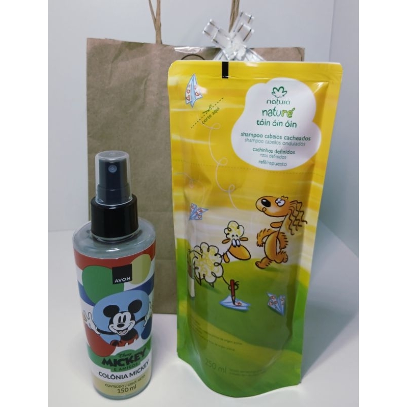 kit Combo 01 Colônia Infantil Mickey 150ml Avon 01 Refil Shampoo Cabelos Cacheados Natura 250ml Vegano Original.