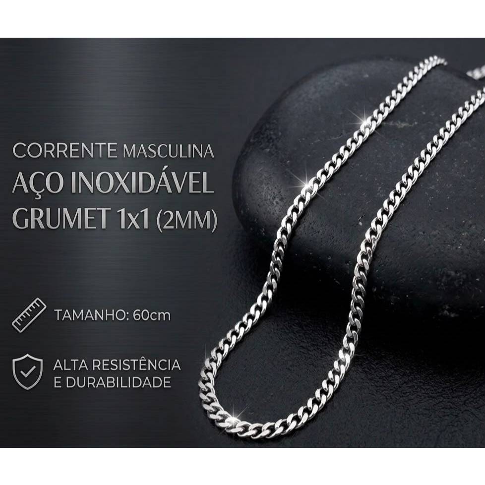 Corrente Cordão Masculino Grumet 1x1 2mm De Aço Inoxidável