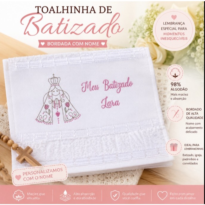 Toalhinha de Batizado Personalizada com Nome | Lembrancinha Bordada