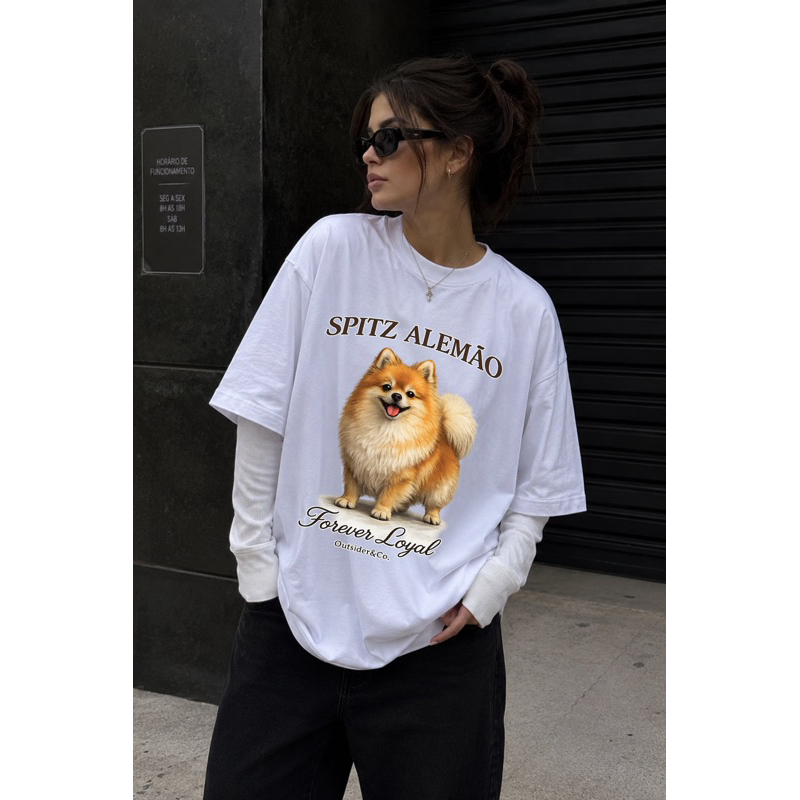 Camiseta Oversized Feminina Estampada Spitz Alemão Lulu da Pomerania Caramelo Streetwear T-shirt Básica Treino Academia