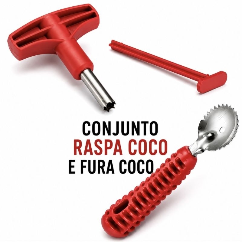 Conjunto Fura Coco e Raspador de Coco Kit Abridor Coco Verde Raspador Coco Seco Aço Resistente Cabo Utensílio de Cozinha