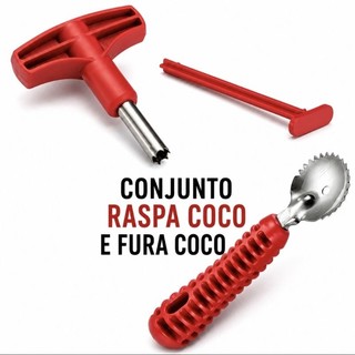 Conjunto Fura Coco e Raspador de Coco Kit Abridor Coco Verde Raspador Coco Seco Aço Resistente Cabo Utensílio de Cozinha