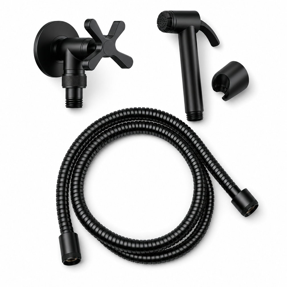 Ducha Higiênica Preto Metal Banheiro Completa com Registro 1/4 Volta Gatilho Metal Mangueira Cromada 2m Moderna · foto 2