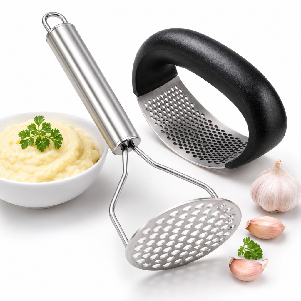 KIT Utensílios de Cozinha Amassador Espremedor de Alho e Batatas Triturador INOX Manual