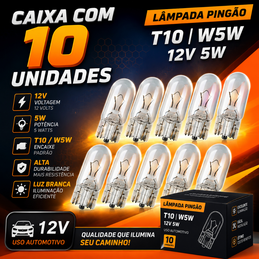 Kit 10 Lâmpadas Pingão T10 W5W 12V 5W Meia Luz Luz de Posição Carro