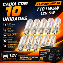 Kit 10 Lâmpadas Pingão T10 W5W 12V 5W Meia Luz Luz de Posição Carro