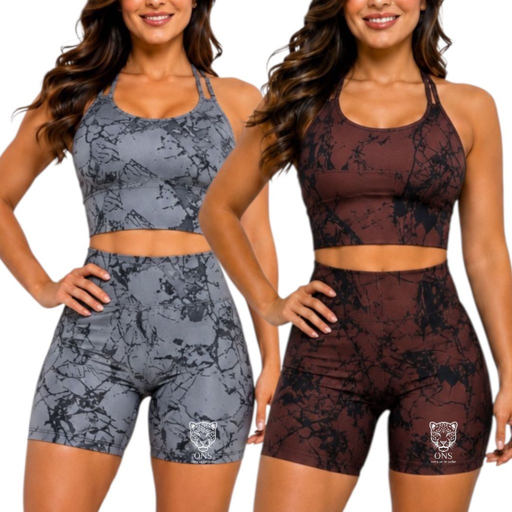 Kit 2 Shorts Academia Fitness Zero Transparência Marmorizado Cintura Alta Meia Coxa Feminino Tie Dye