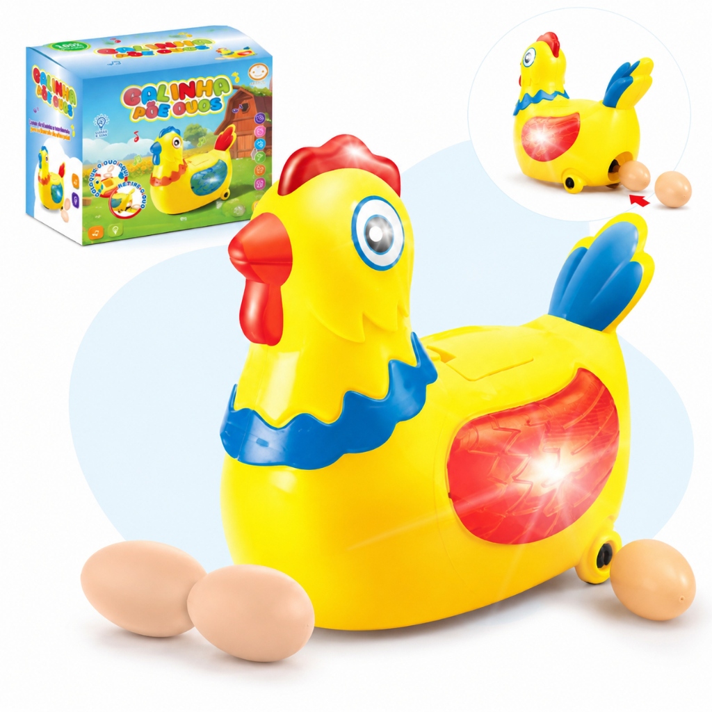 Galinha Robô Infantil Anda Bota Ovos Com Luz Som Brinquedo Presente Educativo Amarelo Kizumba