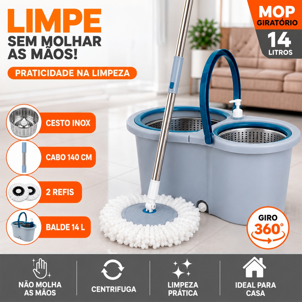 Mop Giratorio Com cabo de 140 Cm Cesto Em Inox 2 Refis - Balde com Centrífuga 14L e Cabo Reforçado
