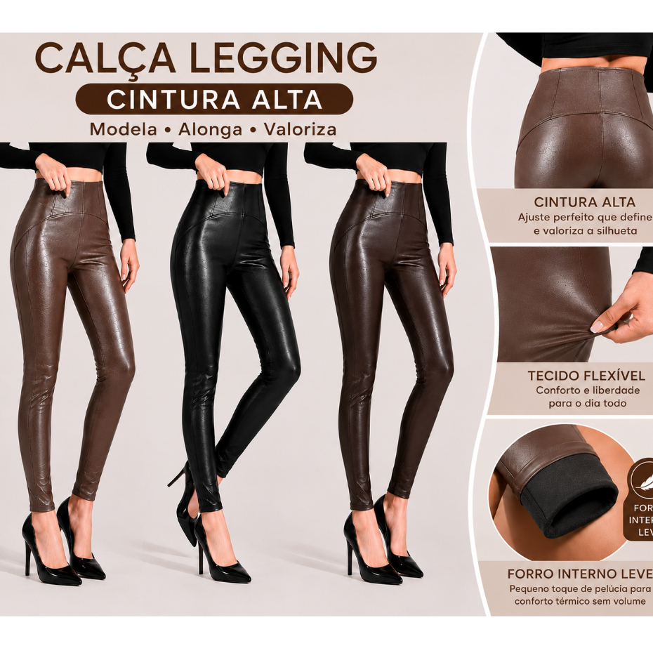 Calça Legging Feminina Couro Sintético Cintura Alta Skinny Forro Leve Modeladora Premium