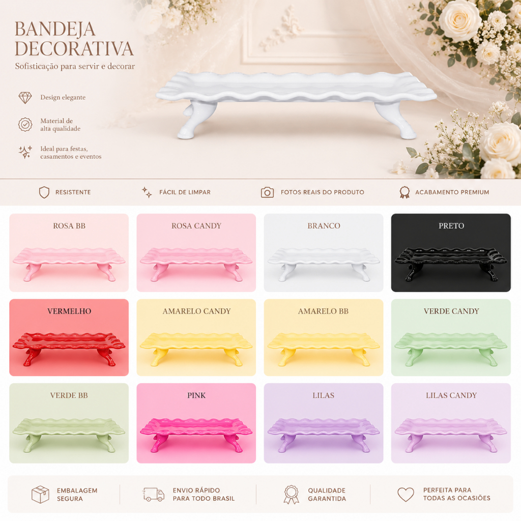 Bandeja retangular frizada com pé -- Bandeja Decorativa Retangular com Pé | Ideal para Festa, Casamento e Decoração