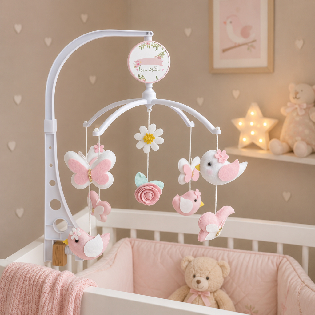 Mobile Musical bebê Giratório Pássaros Passarinho Borboletas Rosa