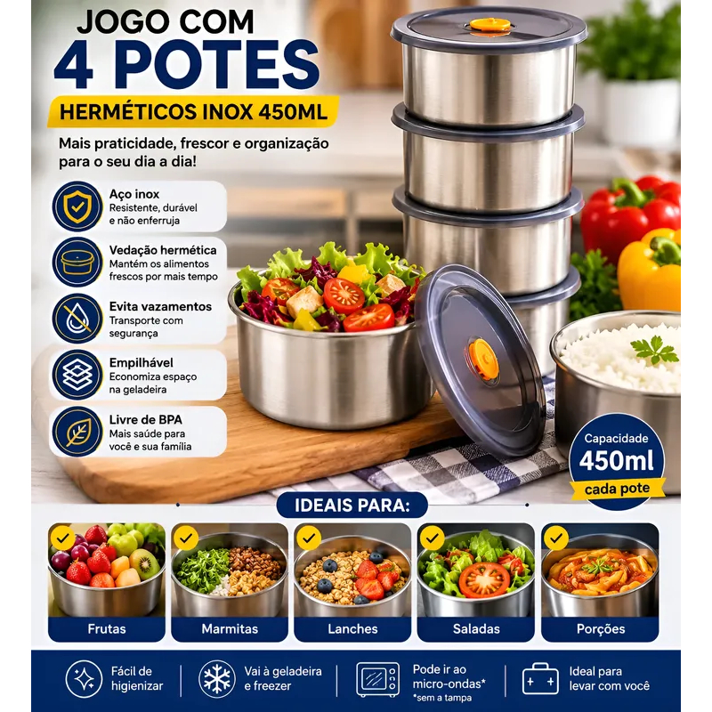 Kit 4 Potes Herméticos Inox 450ml Redondos com Tampa Vedação p/ Marmita Alimentos Geladeira Cozinha