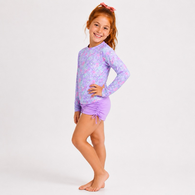Roupa de Praia uv Infantil Menina com Proteção Solar Camisa e Shortinho Pérolas