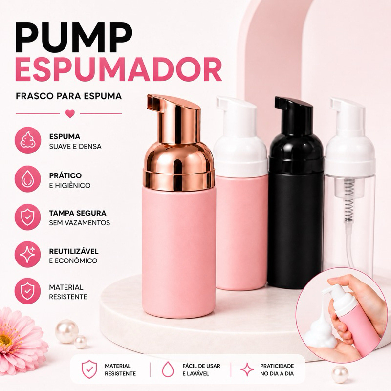 Pump Espumador Frasco Para Espuma, Higienização Facial e Limpeza Extensão de Cílios
