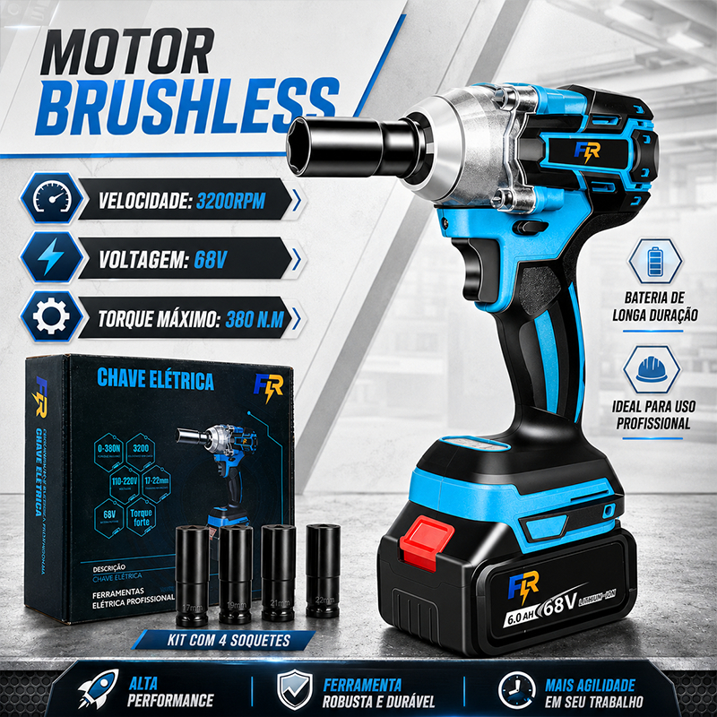 Chave de Impacto Elétrica Sem Fio Com 68V Bateria  Motor Brushless 4 Pecas Soquetes