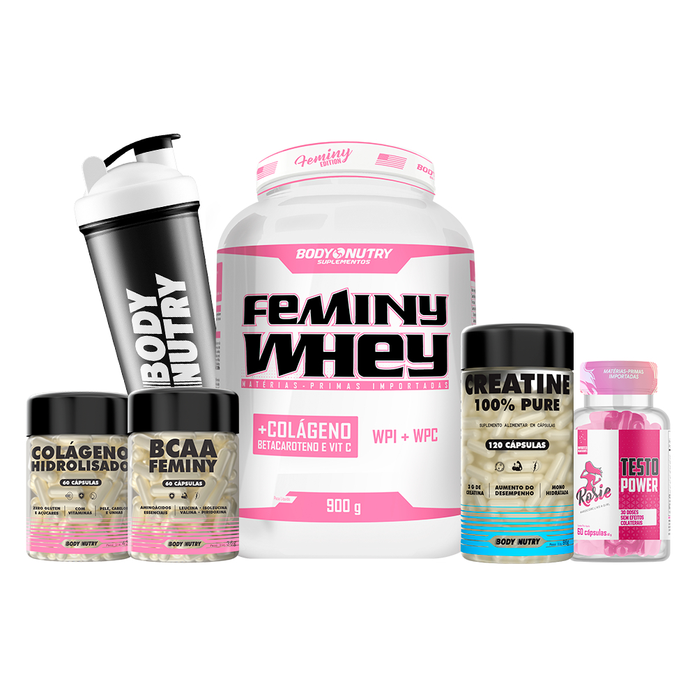 Kit Academia Feminino - Whey Protein + Creatina + Colágeno, BCAA e Testo| Massa, Pós Treino e Beleza
