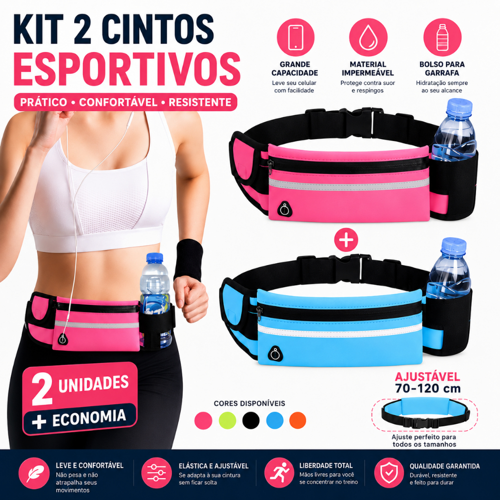 Kit 2 Pochetes Esportivas Impermeáveis Ajustáveis com Porta Garrafa para Corrida Academia Caminhada Fitness