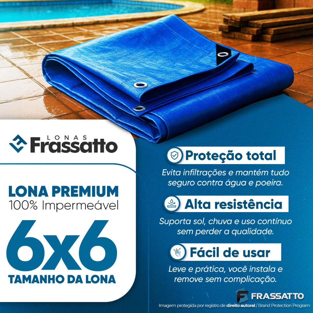 Lona Impermeavel 6x6 Metros Azul Reforçada Multiuso Piscina Proteção Uv Com Ilhós Frassatto + Corda