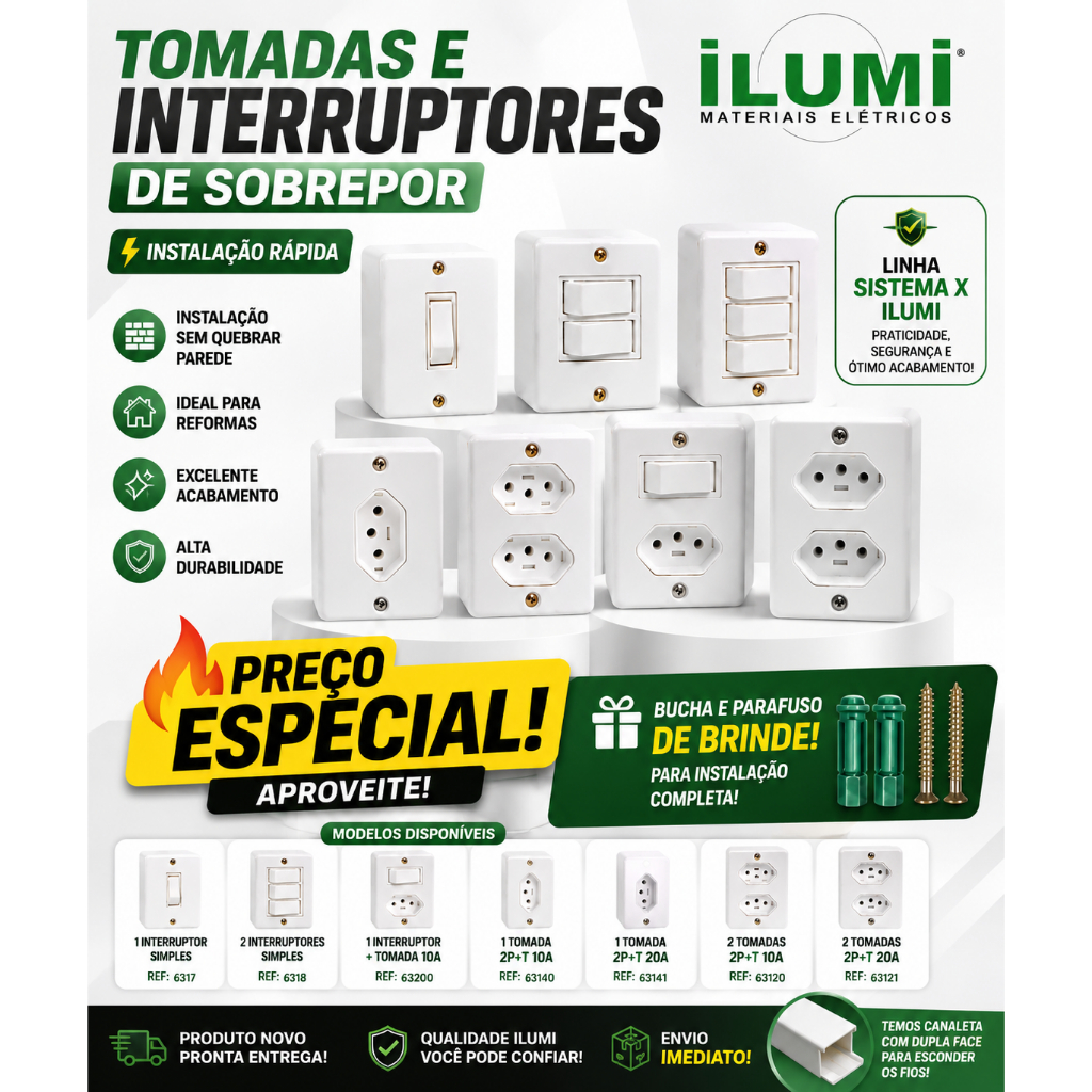 Tomadas e Interruptores de Sobrepor Ilumi – Sistema X | Diversos Modelos | Fácil Instalação