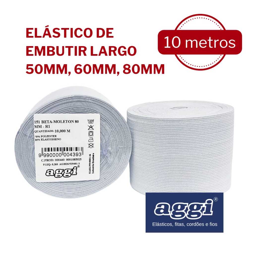 Elástico de Embutir Largo 50, 60 e 80mm Branco Cru Chato para Costura Roupa Cós Alto Calça AGGI