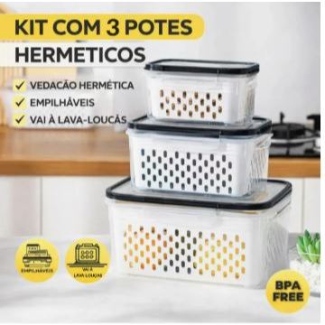 Kit 3 potes Organizadores Geladeira Organizador Alimentos Vegetais Cozinha Moderna
