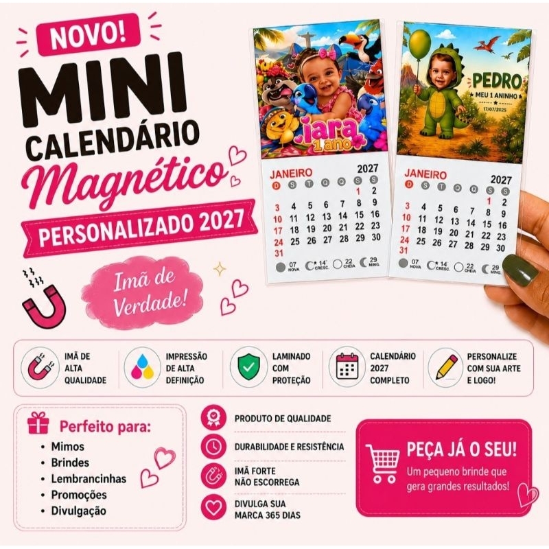Mini Calendário 2027 Personalizado com Íma – Lembrancinha, Brinde, Personalizado para Festa
