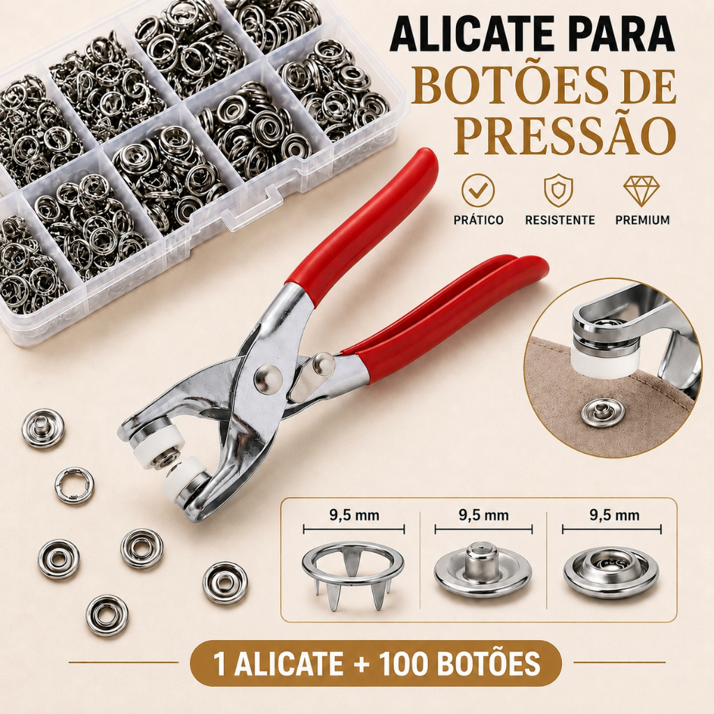 Alicate Aplicador Para Botão de Metal de Pressão Roupa Bebe com 100 Botões de Roupas 9.5mm 2 em 1 Versátil e Prático