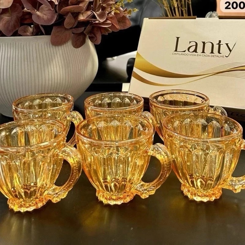 Jogo de Xícaras Chá e Café 90 ml Itália Âmbar e Rainbow 6 Peças Canecas Cristal Luxuoso