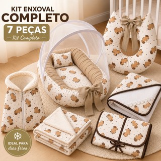 Kit Enxoval Bebê Premium Completo 7 Peças Ninho Mosquiteiro Almofada Trocador Toalha Manta Inverno