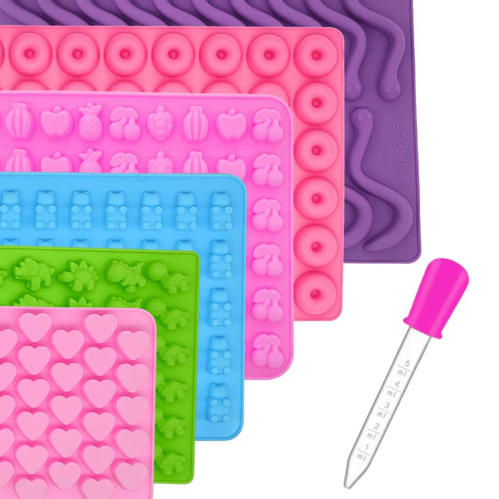 Molde de Silicone e Conta Gotas Gummy Bear coração minhoca animais frutas Forma Gelatina Balas Fini