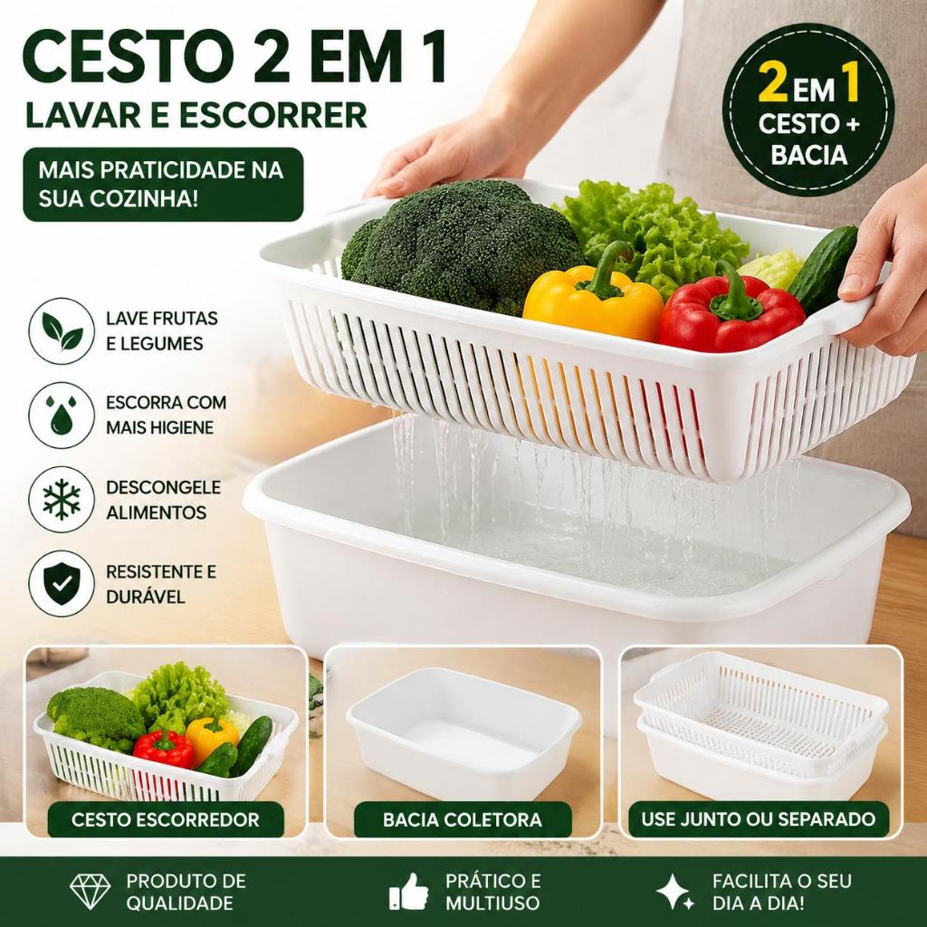 Cesto para Lavar Legumes 2 em 1 - Escorredor Bacia Plástica Multiuso Lavar Escorrer Alimentos ULTRA
