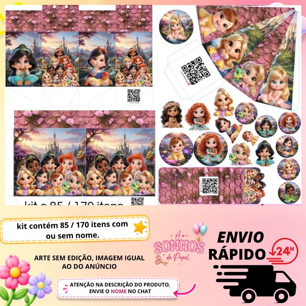 KIT COM 85 OU 170 ITENS LEMBRANCINHA PERSONALIZADA TEMA: PRINCESAS CUTE DISNEY - Envio Rapido PERSONALIZADO