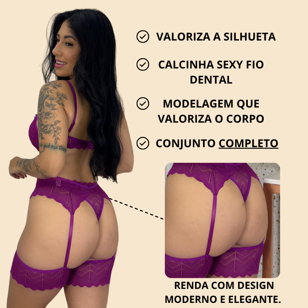 Conjunto Sandy Lingerie Sexy Sensual Perneira Com Bojo Rendado Alça Regulável — imagem 2 de 2