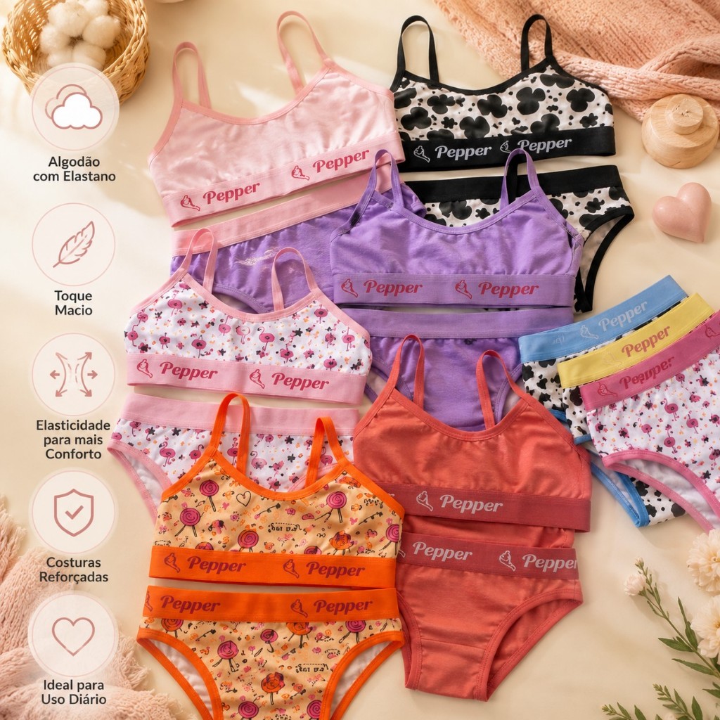 Kit Conjuntos Infanto Juvenil Menina Top e Calcinha Algodão Confortável Estampas Sortidas