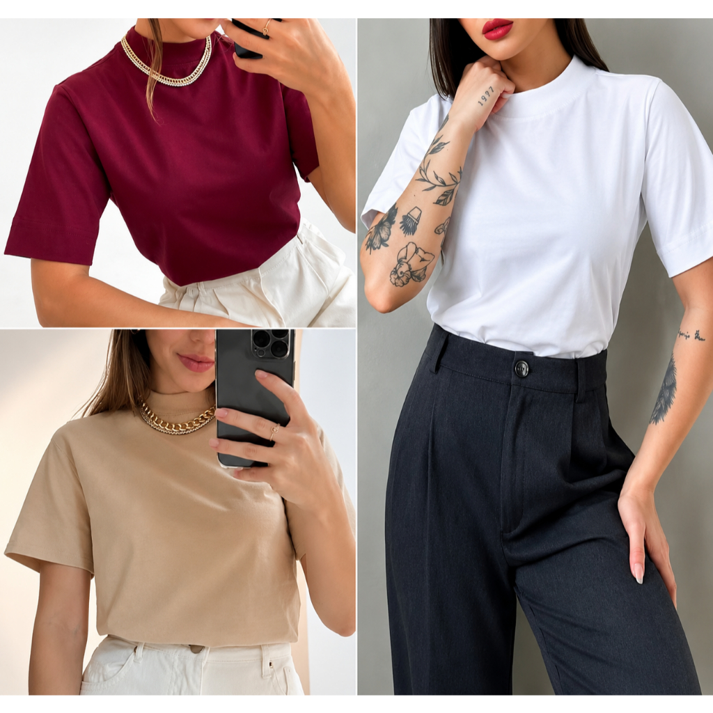 Unidade ou Kit com 3 Blusa Feminina Estilosa T -Shirt Gola Alta 100% Algodão