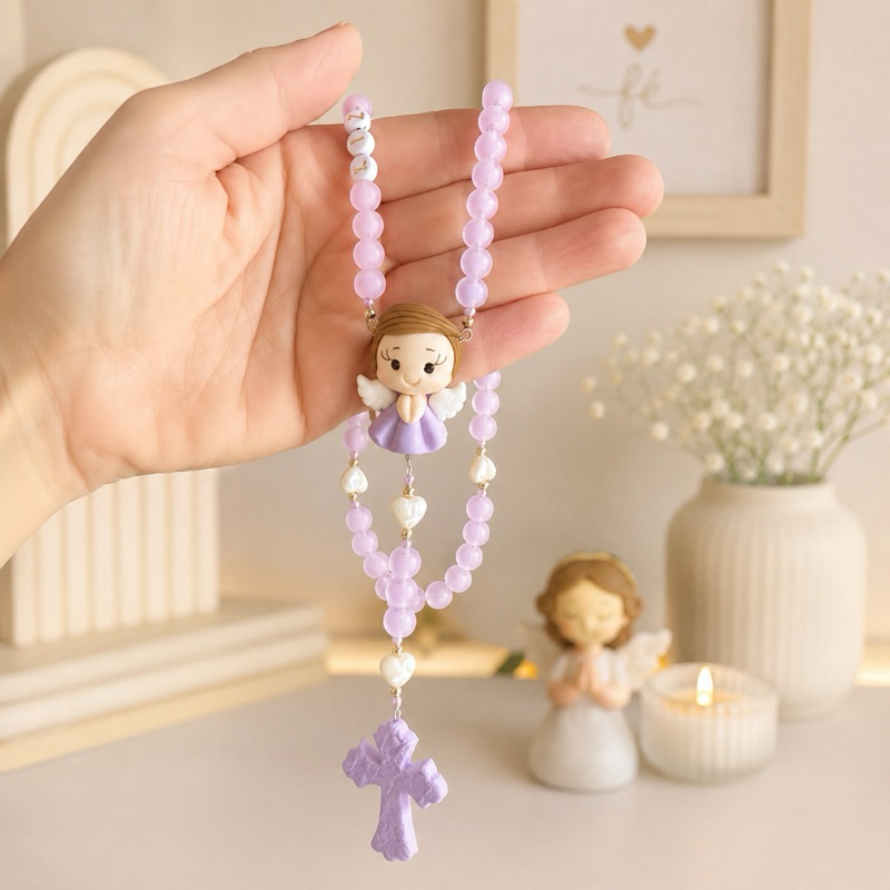 Terço batizado menina Sonho Lilás kit com caixa de presente e organza Terço Infantil Personalizado terço batizado