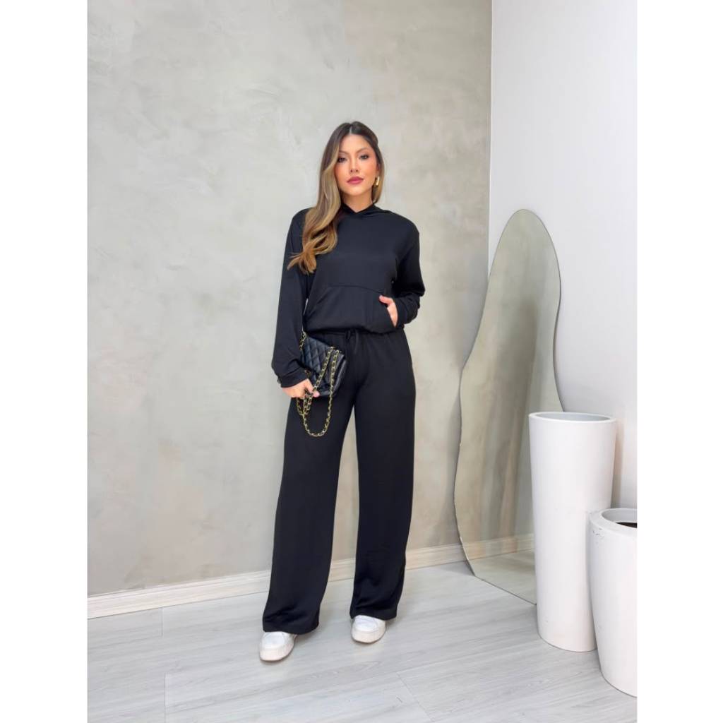 Conjunto Feminino Moletinho Lanzinha  Premium Capuz Calça Pantalona Wide Leg Casual Inverno Confortável Moda Feminina
