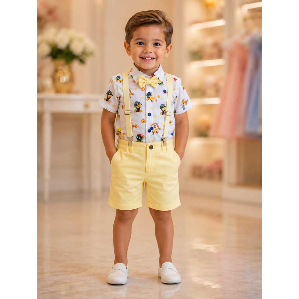 Conjunto Menino Luxo Temático Looney Tunes Baby + Bermuda Amarelo
