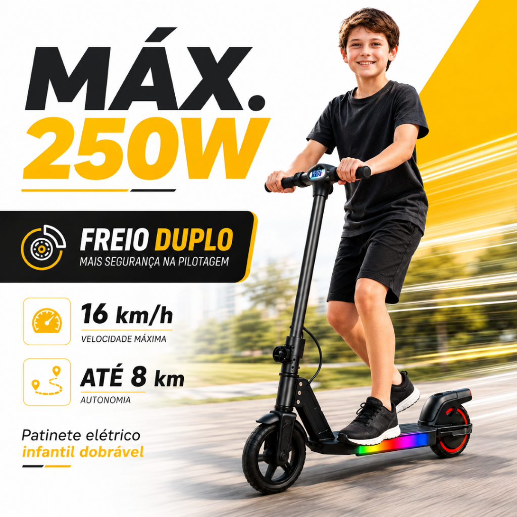 7.7 Liquidação Patinete Elétrico Infantil 250W 80kg 6.5" Luz LED Dobrável Menino Menina
