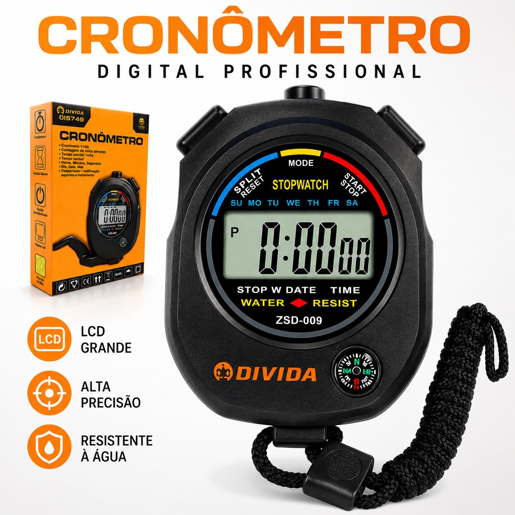 Cronômetro Digital Profissional 1/100s com Alarme Relógio Esportivo de Mão
