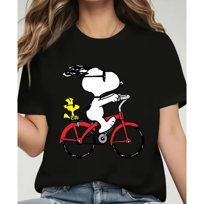Camisa Feminina Estampada Camiseta Confortável Desenho Animado Cachorro de Bicicleta Moda Primavera Verão
