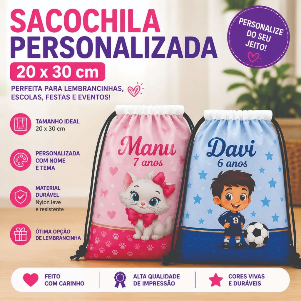 30 Kit Mochilinhas Sacochila lembrancinha Personalizadas aniversário 20x30 Qualquer Tema + Arte Grátis meninou ou menina