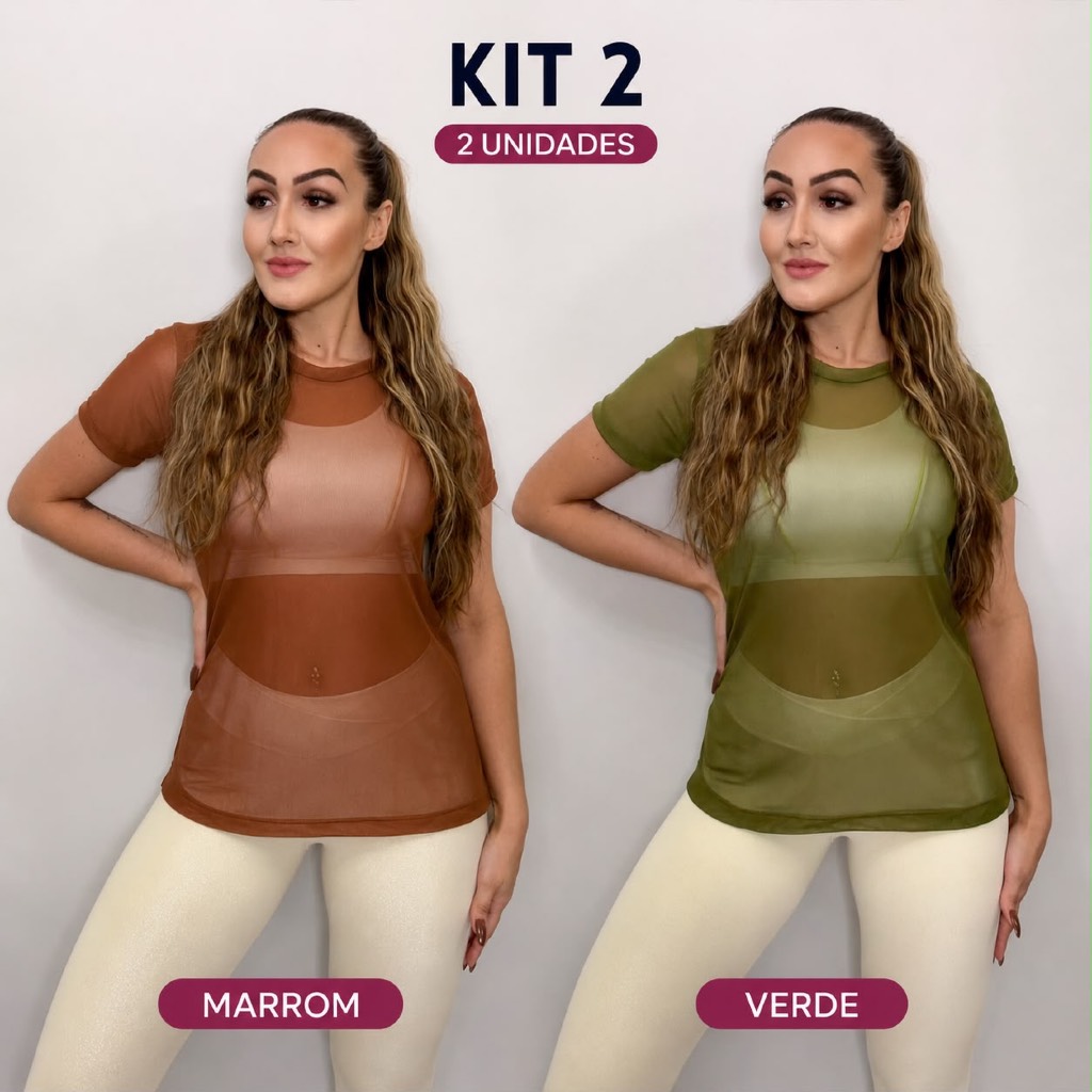 Kit 2 Blusas Tule Feminina Transparente Manga Curta Fitness Camisão Treino Lisa Gola Redonda