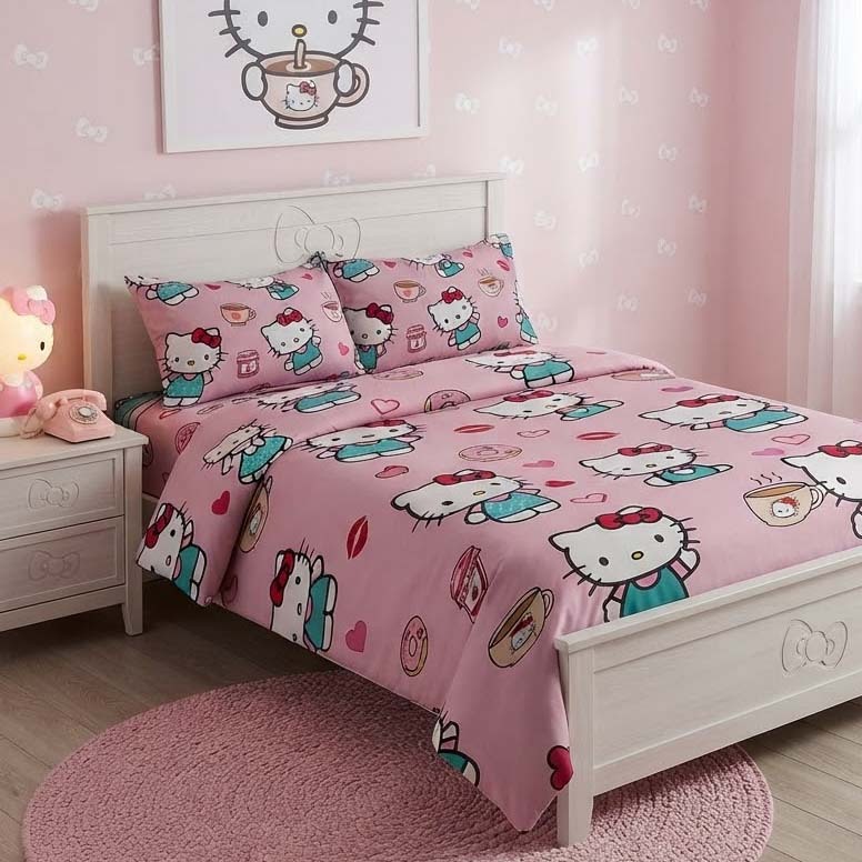 Kit Lençol Queen s/elástico + fronha Hello Kitty COR 89