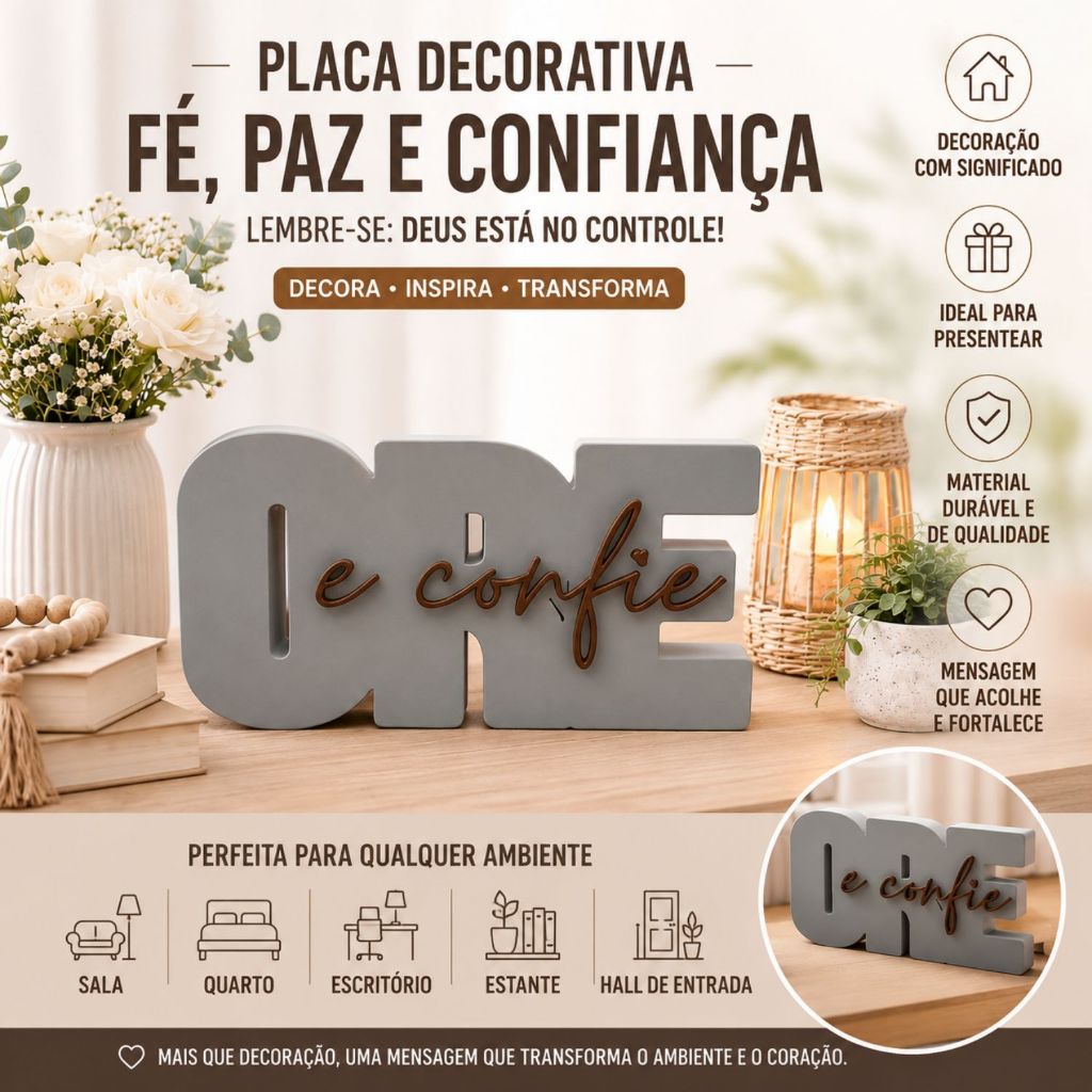 Placa Decorativa ORE e Confie em 3D Decoração Cristã para Sala Quarto e Escritório  Presente Evangélico Religioso