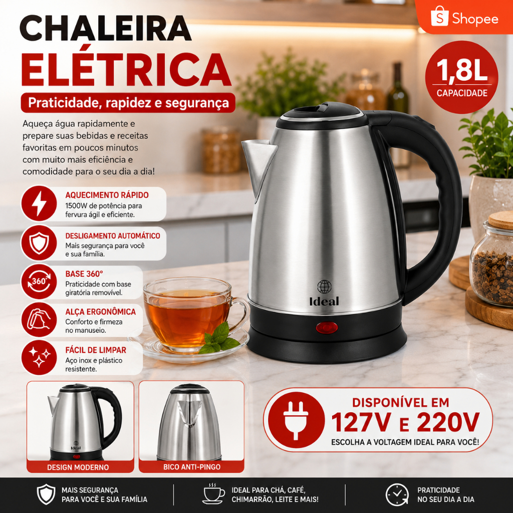 Chaleira Elétrica Inox 1,8L 1500W Ideal com Desligamento Automático 127V ou 220V Prateada