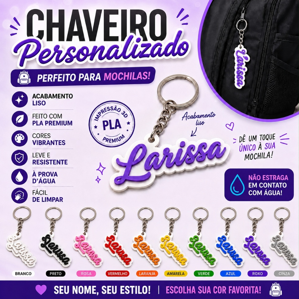 Chaveiro Personalizado com Nome Impressão 3D Mochila / Lembrancinha / Presente Criativo / Aniversário / Formatura