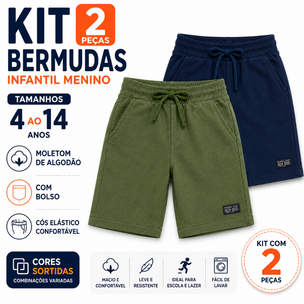 Kit 2 Bermudas Infantil Juvenil Menino Moletom de Algodão Alta Qualidade Conforto Dia a Dia